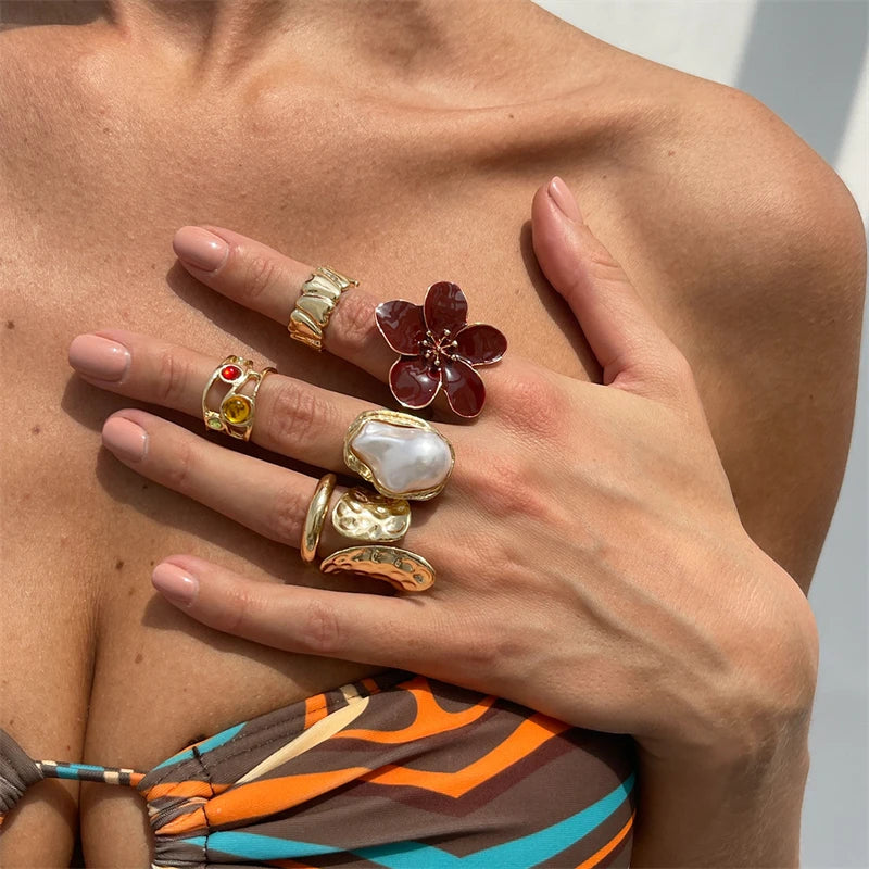 Geometric Petal Flower Gold Jewelry for Women, Fashion Design Rings in Set, Party Girl Cool Punk Design Rings, Bohemian Vintage Design Rings in Set