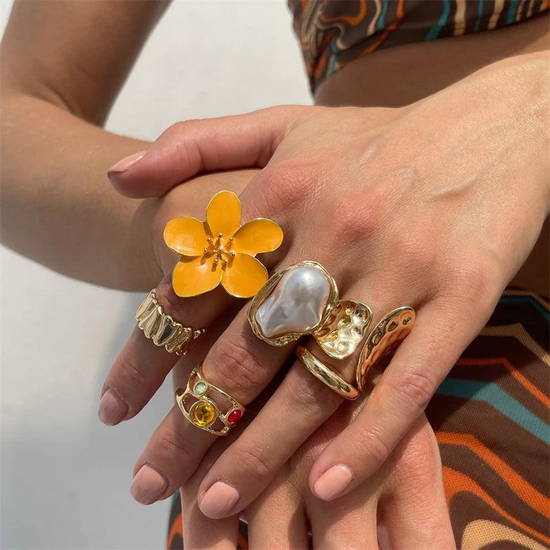 Geometric Petal Flower Gold Jewelry for Women, Fashion Design Rings in Set, Party Girl Cool Punk Design Rings, Bohemian Vintage Design Rings in Set