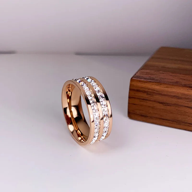 Rose Gold Ring for Couple, Stainless Steel Jewelry, Double Row Ring, Stainless Steel Engagement Ring