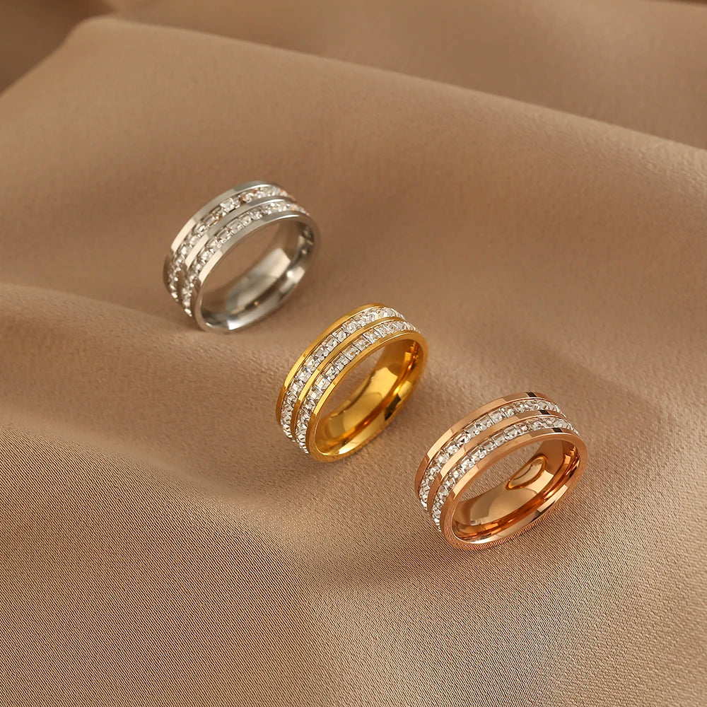 Rose Gold Ring for Couple, Stainless Steel Jewelry, Double Row Ring, Stainless Steel Engagement Ring