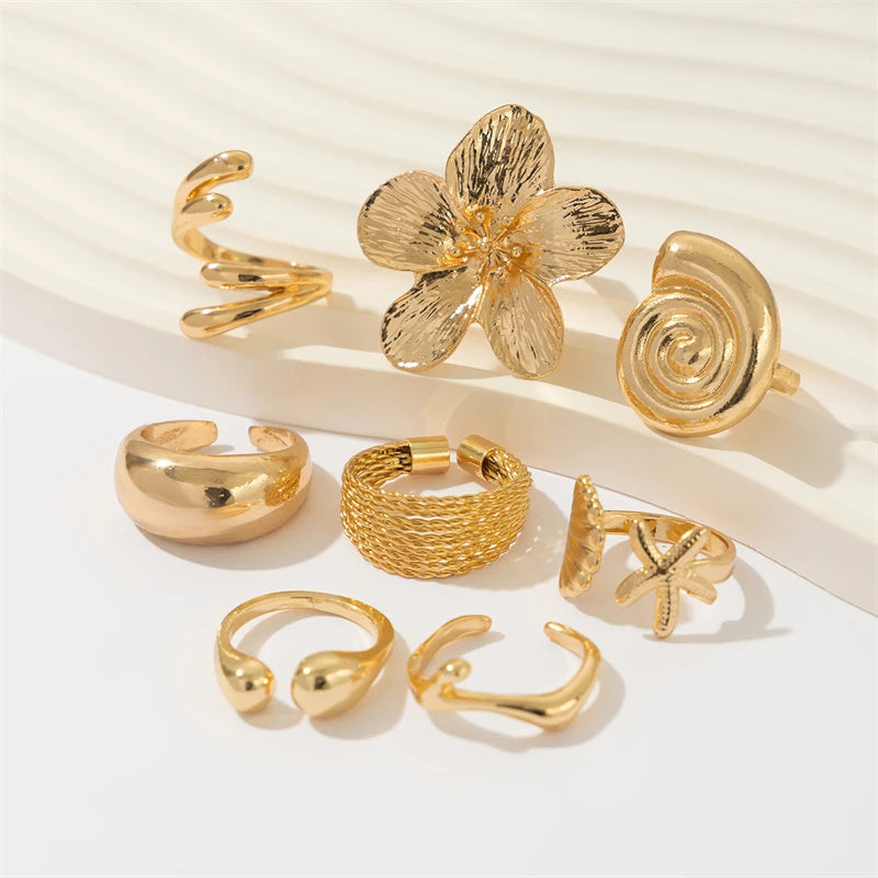 Geometric Petal Flower Gold Jewelry for Women, Fashion Design Rings in Set, Party Girl Cool Punk Design Rings, Bohemian Vintage Design Rings in Set