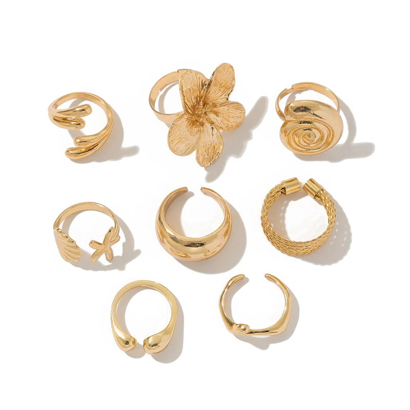 Geometric Petal Flower Gold Jewelry for Women, Fashion Design Rings in Set, Party Girl Cool Punk Design Rings, Bohemian Vintage Design Rings in Set