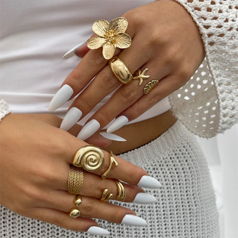 Geometric Petal Flower Gold Jewelry for Women, Fashion Design Rings in Set, Party Girl Cool Punk Design Rings, Bohemian Vintage Design Rings in Set