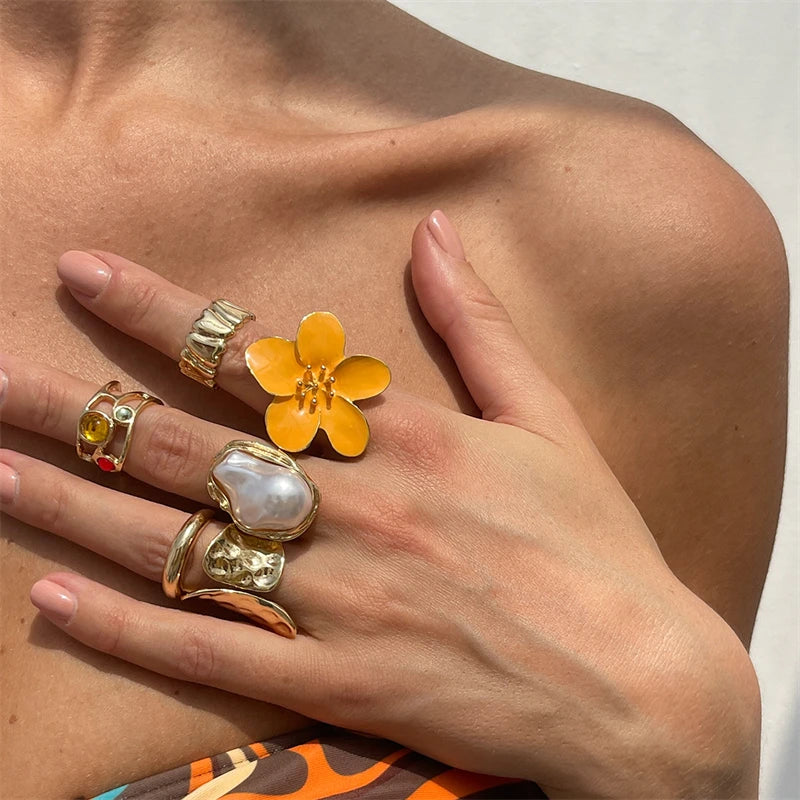 Geometric Petal Flower Gold Jewelry for Women, Fashion Design Rings in Set, Party Girl Cool Punk Design Rings, Bohemian Vintage Design Rings in Set