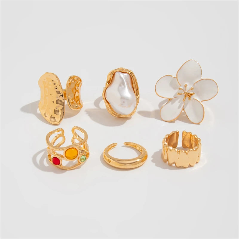 Geometric Petal Flower Gold Jewelry for Women, Fashion Design Rings in Set, Party Girl Cool Punk Design Rings, Bohemian Vintage Design Rings in Set