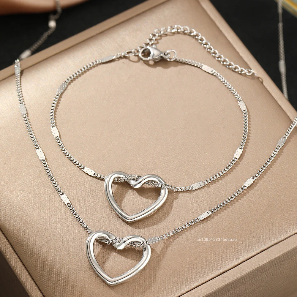 Elegant Heart Bracelet & Necklace Set, Stainless Steel Twisted Heart Set, Modern Love Jewelry Set, Eternal Heart Stainless Steel Set