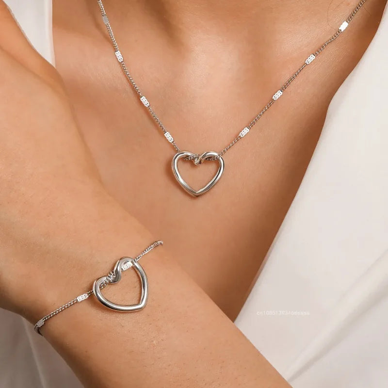 Elegant Heart Bracelet & Necklace Set, Stainless Steel Twisted Heart Set, Modern Love Jewelry Set, Eternal Heart Stainless Steel Set