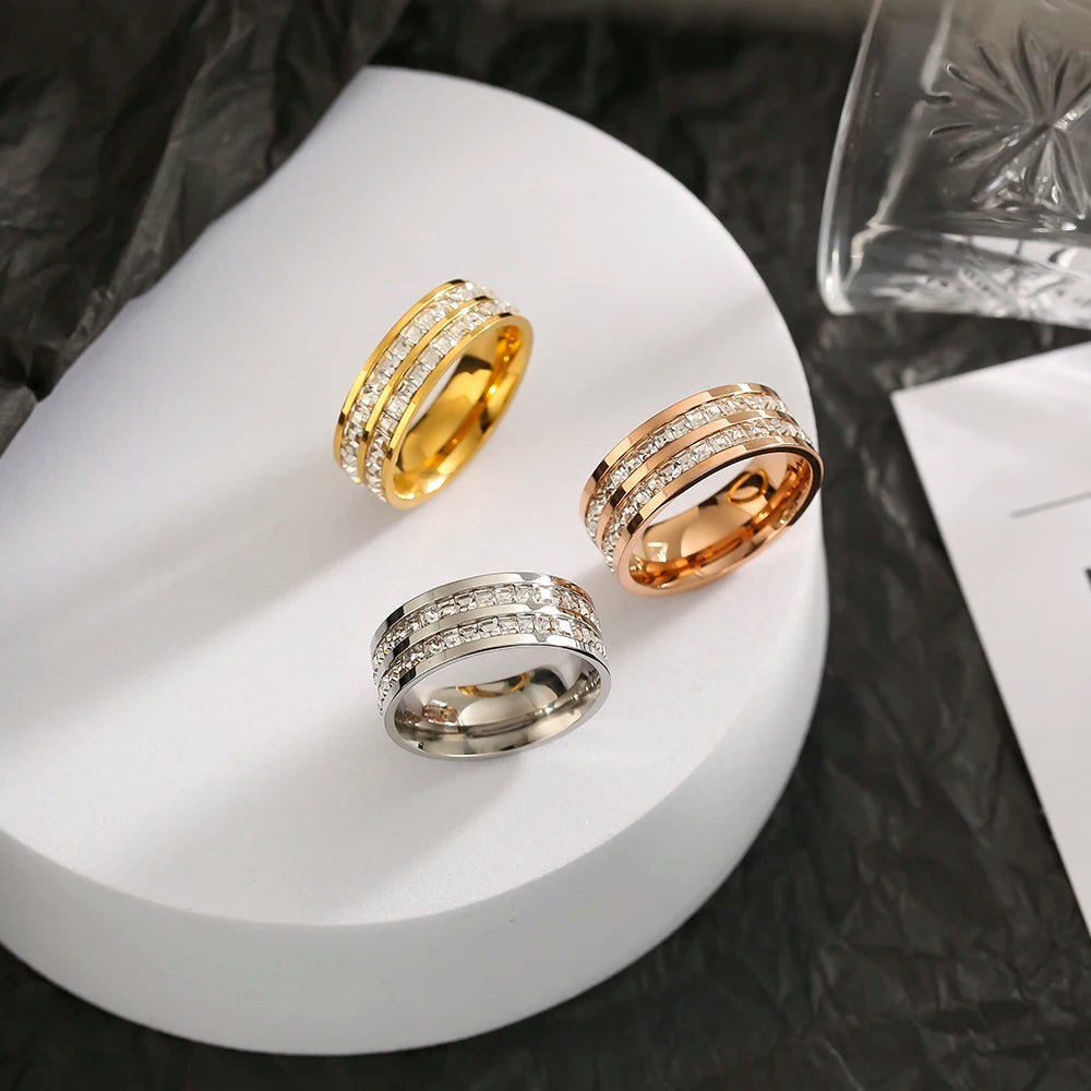 Rose Gold Ring for Couple, Stainless Steel Jewelry, Double Row Ring, Stainless Steel Engagement Ring