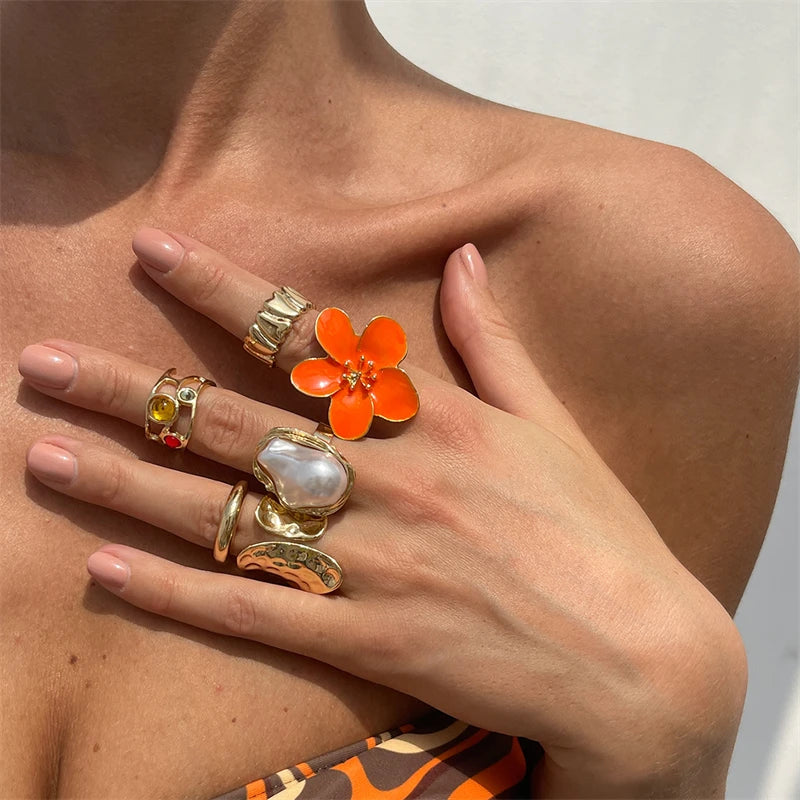 Geometric Petal Flower Gold Jewelry for Women, Fashion Design Rings in Set, Party Girl Cool Punk Design Rings, Bohemian Vintage Design Rings in Set