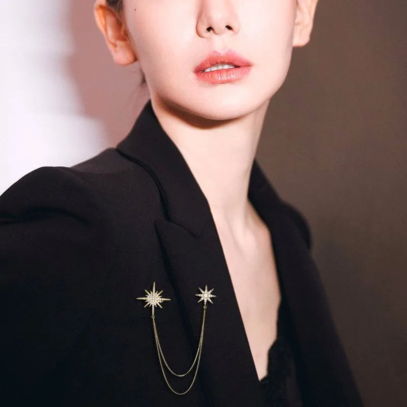 Crystal Hexagram Brooch – Luxury Chain Pin for Women’s Coats, Suits & Dresses