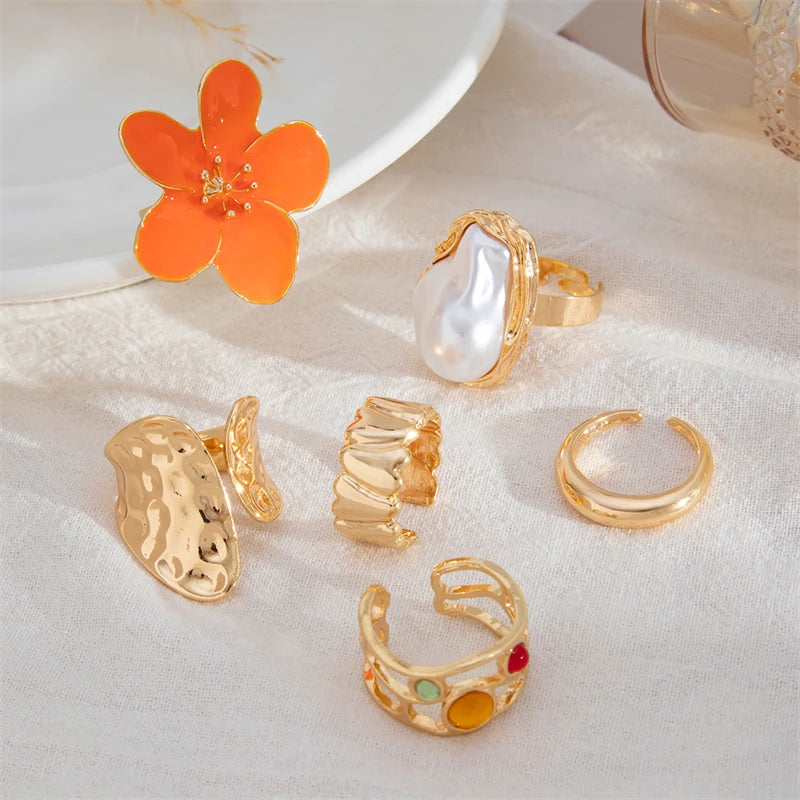 Geometric Petal Flower Gold Jewelry for Women, Fashion Design Rings in Set, Party Girl Cool Punk Design Rings, Bohemian Vintage Design Rings in Set