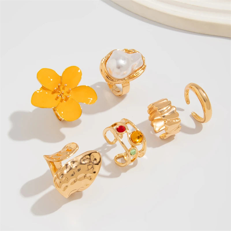 Geometric Petal Flower Gold Jewelry for Women, Fashion Design Rings in Set, Party Girl Cool Punk Design Rings, Bohemian Vintage Design Rings in Set