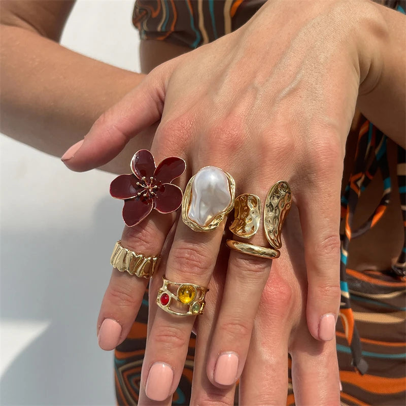 Geometric Petal Flower Gold Jewelry for Women, Fashion Design Rings in Set, Party Girl Cool Punk Design Rings, Bohemian Vintage Design Rings in Set