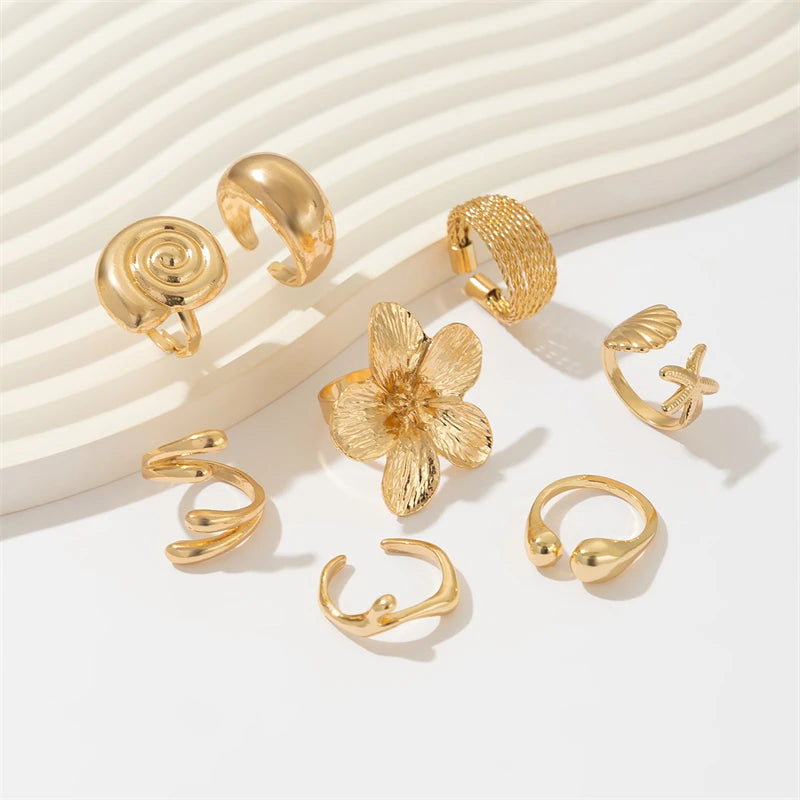 Geometric Petal Flower Gold Jewelry for Women, Fashion Design Rings in Set, Party Girl Cool Punk Design Rings, Bohemian Vintage Design Rings in Set