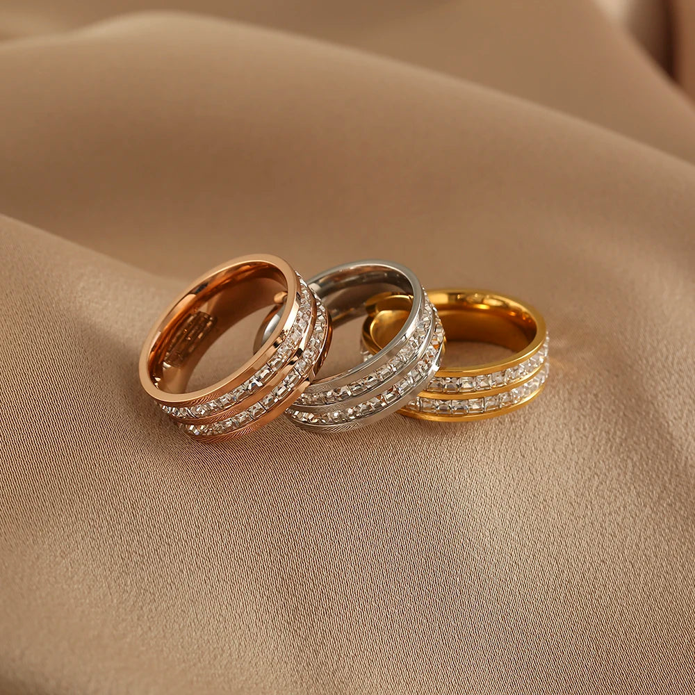 Rose Gold Ring for Couple, Stainless Steel Jewelry, Double Row Ring, Stainless Steel Engagement Ring