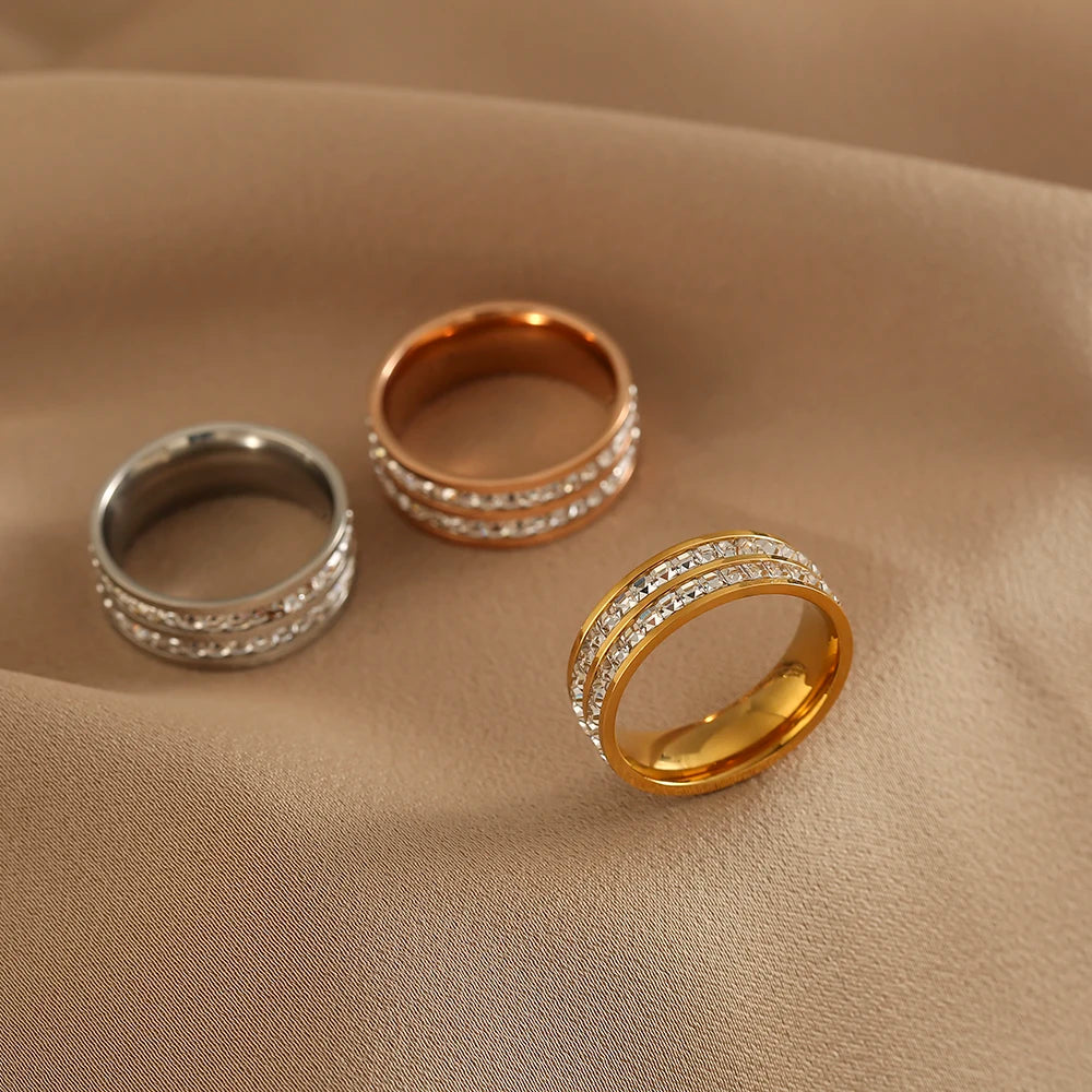 Rose Gold Ring for Couple, Stainless Steel Jewelry, Double Row Ring, Stainless Steel Engagement Ring
