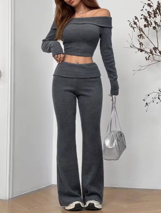 Autumn and Winter 2-Pieces Off-Shoulder Long Sleeve T-Shirt and Slim-Fit Pants Set