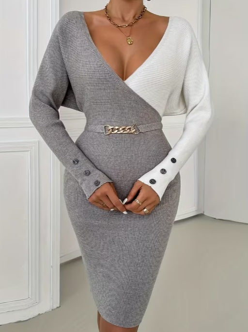 V-Neck Knitted Dress – Sexy Long Sleeve Chain-Waist Sweater Dress