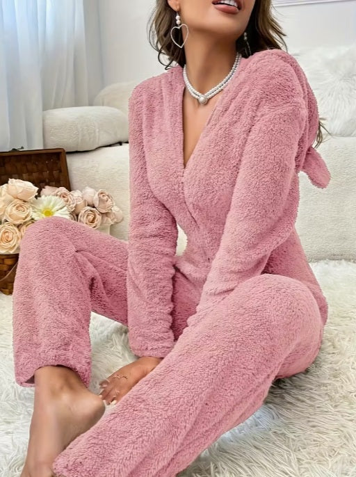 Women’s Plush Fleece Hooded Jumpsuit – Cozy Winter Pajamas with Long Pants