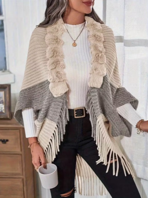 Classy Winter Blazer - Stylish Fringe Plush Cape Coat