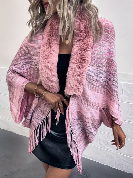 Women’s Rainbow Stripe V-Neck Cardigan with Plush Faux Fur Trim – Stylish Winter Layer