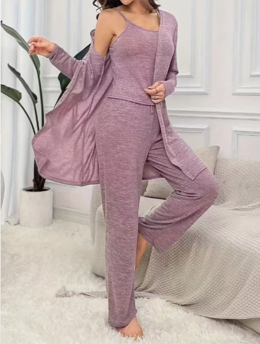 Women’s Comfortable 3-Piece Set Casual Relaxed Fit – Long Sleeve Cardigan, Round Neck Cami & Pants