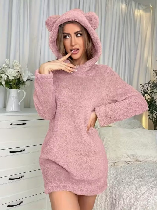 Women’s Cozy Fleece Hooded Winter Dress - Warm Loungewear for Home, Travel & All-Season Comfort