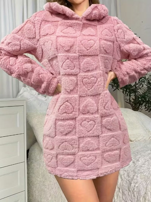 Love Design Fleece Hooded Winter Dress - Warm Loungewear for Home, Travel & All-Season Comfort