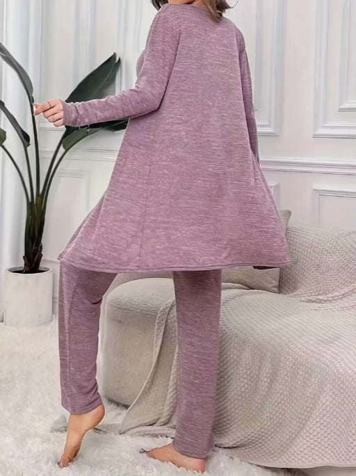 Women’s Comfortable 3-Piece Set Casual Relaxed Fit – Long Sleeve Cardigan, Round Neck Cami & Pants
