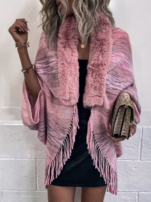 Women’s Rainbow Stripe V-Neck Cardigan with Plush Faux Fur Trim – Stylish Winter Layer