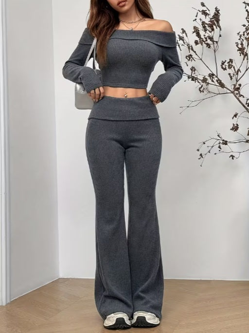 Autumn and Winter 2-Pieces Off-Shoulder Long Sleeve T-Shirt and Slim-Fit Pants Set