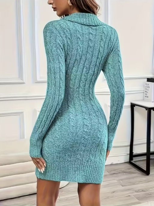 V-Neck Sweater Dress for Women – Long Sleeve Button-Front Bodycon Knit Dress