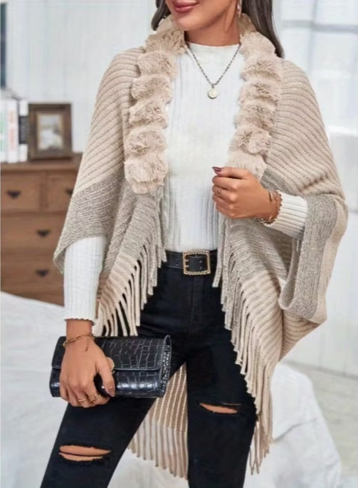 Classy Winter Blazer - Stylish Fringe Plush Cape Coat