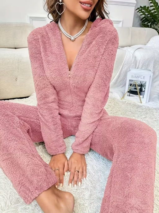 Women’s Plush Fleece Hooded Jumpsuit – Cozy Winter Pajamas with Long Pants