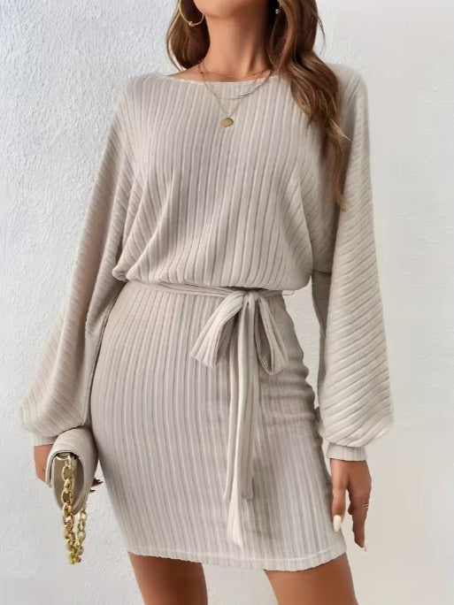 Women’s Casual Knit Waist-Tie Dress – Crew Neck, Long Sleeves Spring Fashion