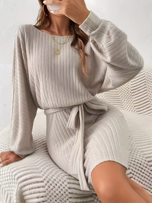Women’s Casual Knit Waist-Tie Dress – Crew Neck, Long Sleeves Spring Fashion