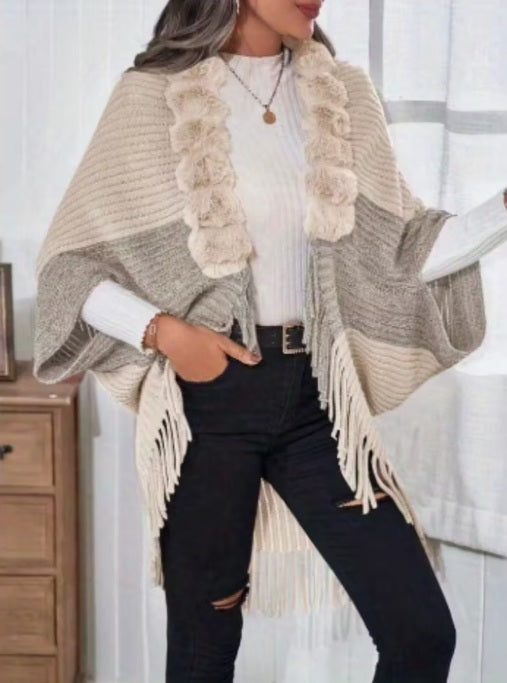 Classy Winter Blazer - Stylish Fringe Plush Cape Coat
