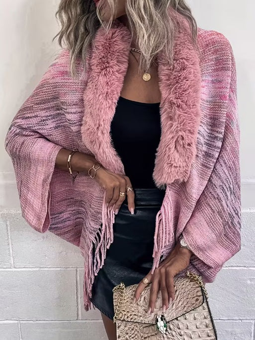 Women’s Rainbow Stripe V-Neck Cardigan with Plush Faux Fur Trim – Stylish Winter Layer