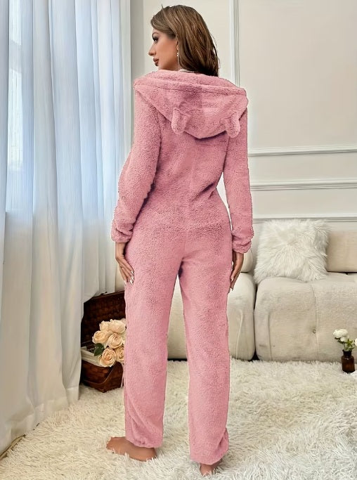 Women’s Plush Fleece Hooded Jumpsuit – Cozy Winter Pajamas with Long Pants