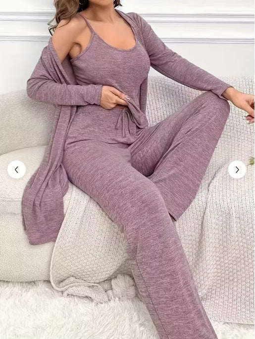 Women’s Comfortable 3-Piece Set Casual Relaxed Fit – Long Sleeve Cardigan, Round Neck Cami & Pants