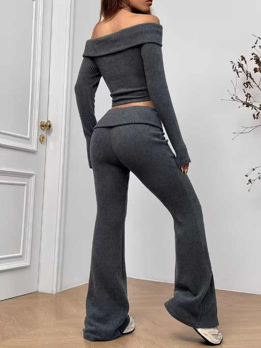 Autumn and Winter 2-Pieces Off-Shoulder Long Sleeve T-Shirt and Slim-Fit Pants Set