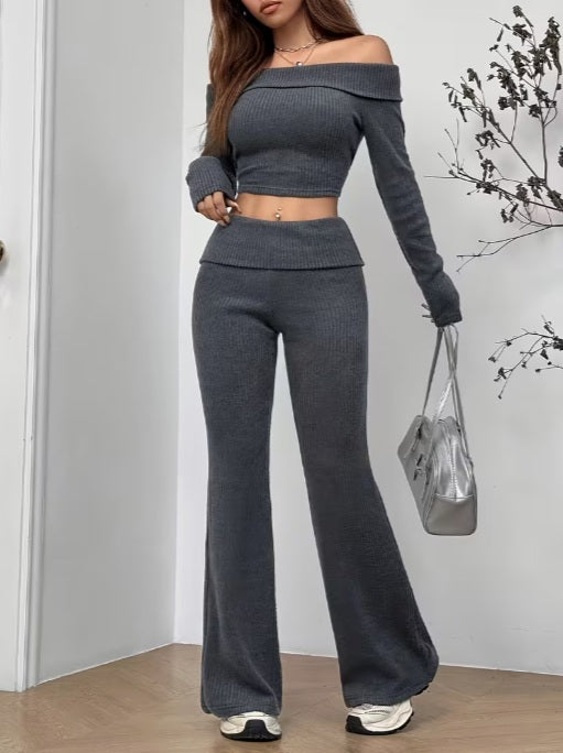 Autumn and Winter 2-Pieces Off-Shoulder Long Sleeve T-Shirt and Slim-Fit Pants Set