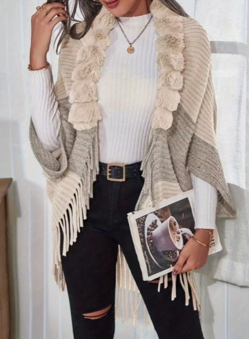 Classy Winter Blazer - Stylish Fringe Plush Cape Coat