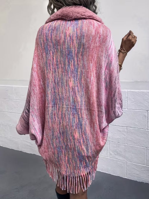 Women’s Rainbow Stripe V-Neck Cardigan with Plush Faux Fur Trim – Stylish Winter Layer