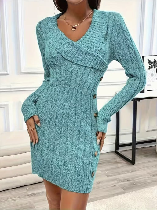 V-Neck Sweater Dress for Women – Long Sleeve Button-Front Bodycon Knit Dress