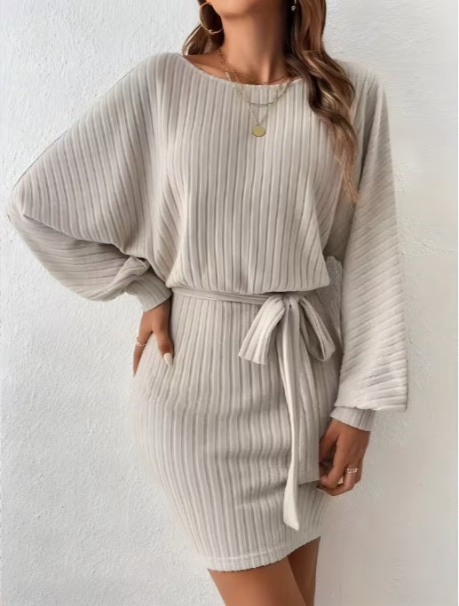 Women’s Casual Knit Waist-Tie Dress – Crew Neck, Long Sleeves Spring Fashion
