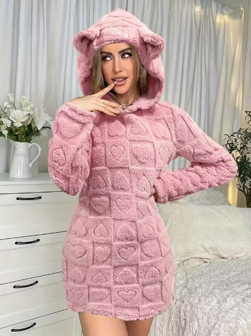 Love Design Fleece Hooded Winter Dress - Warm Loungewear for Home, Travel & All-Season Comfort