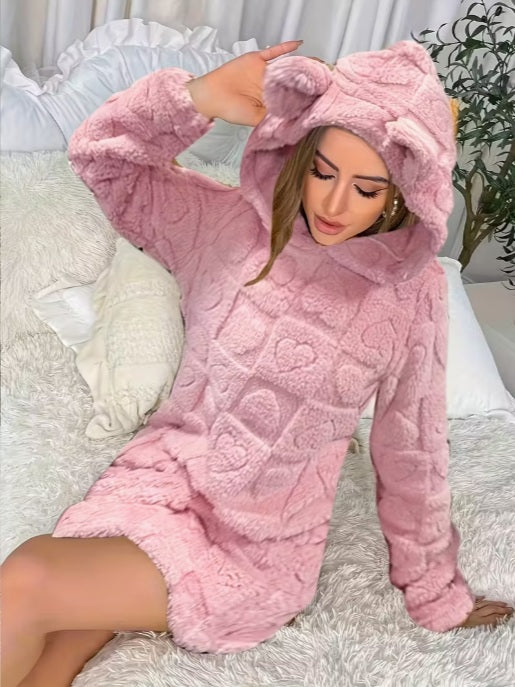 Love Design Fleece Hooded Winter Dress - Warm Loungewear for Home, Travel & All-Season Comfort