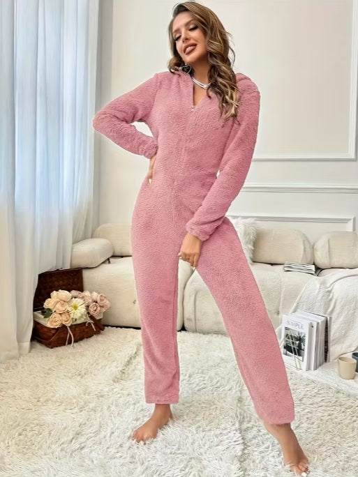 Women’s Plush Fleece Hooded Jumpsuit – Cozy Winter Pajamas with Long Pants