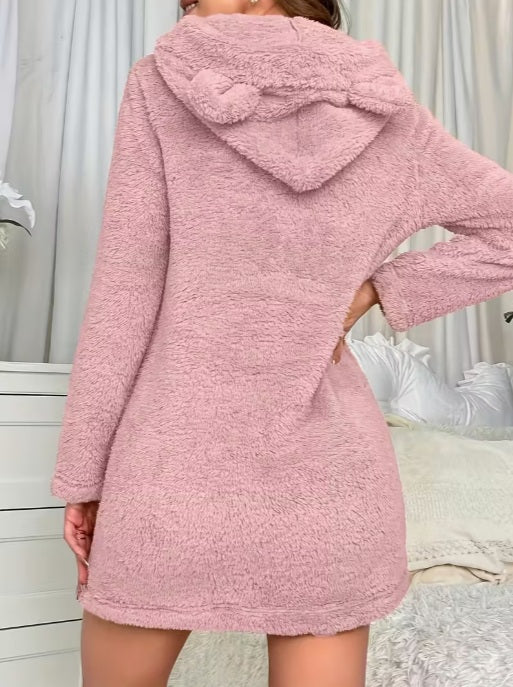 Women’s Cozy Fleece Hooded Winter Dress - Warm Loungewear for Home, Travel & All-Season Comfort